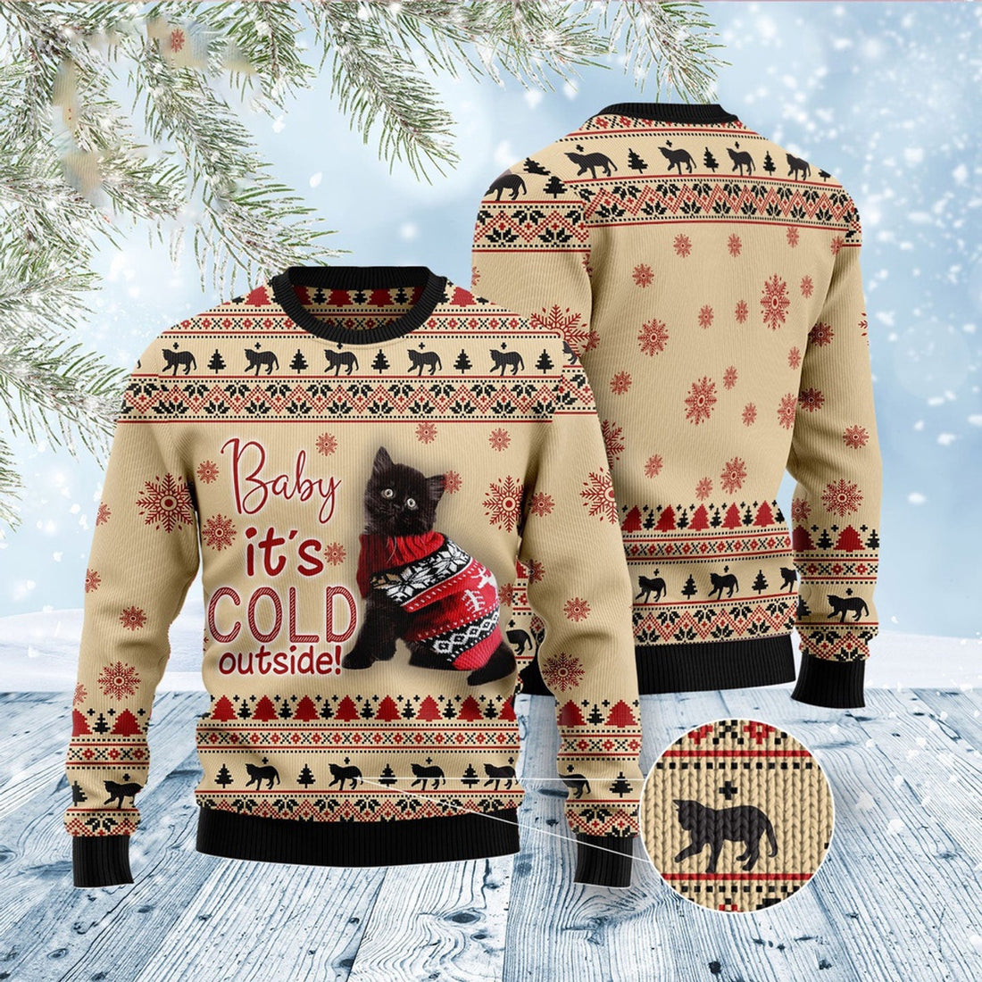 FUNSTUFFPRINT Black Cat Baby Ugly Christmas Sweater, Christmas Cat Ugly Sweater, Ugly Cat Xmas Sweater Ugly Sweater