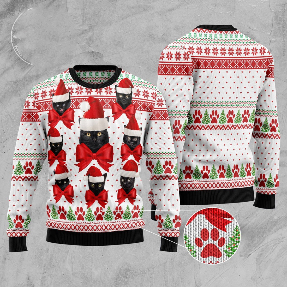 FUNSTUFFPRINT Black Cat Ball Ugly Christmas Sweater, Christmas Cat Ugly Sweater, Ugly Cat Xmas Sweater Ugly Sweater