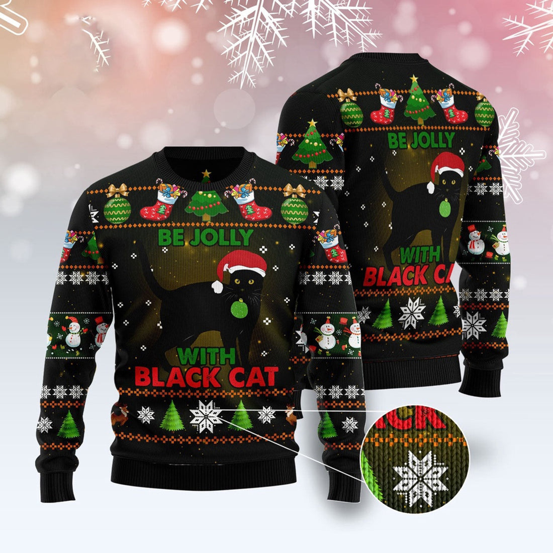 FUNSTUFFPRINT Black Cat Be Jolly Ugly Christmas Sweater, Christmas Cat Ugly Sweater, Ugly Cat Xmas Sweater Ugly Sweater