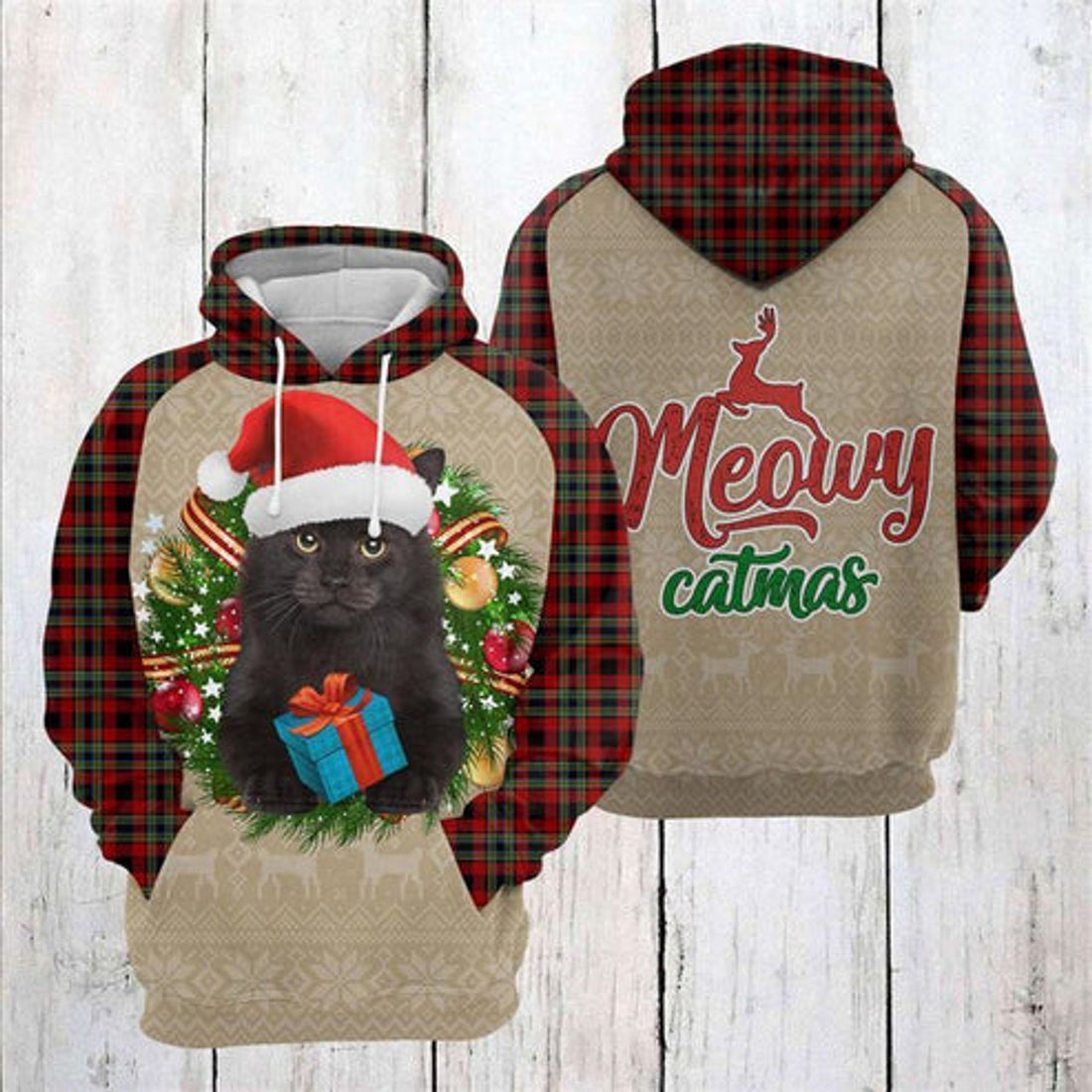 FUNSTUFFPRINT 3D Black Cat Christmas 1 All Over 3D Hoodie and Zip Hoodie