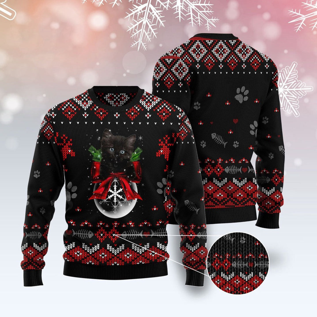 FUNSTUFFPRINT Black Cat Christmas All Over Print Ugly Christmas Sweater, Christmas Cat Ugly Sweater, Ugly Cat Xmas Sweater Ugly Sweater