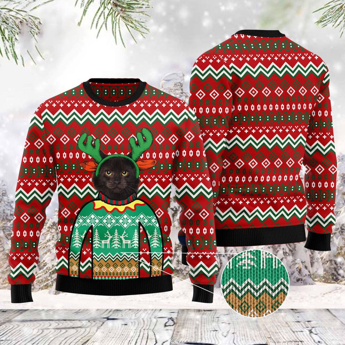FUNSTUFFPRINT Black Cat Christmas Awesome Ugly Christmas Sweater, Christmas Cat Ugly Sweater, Ugly Cat Xmas Sweater Ugly Sweater