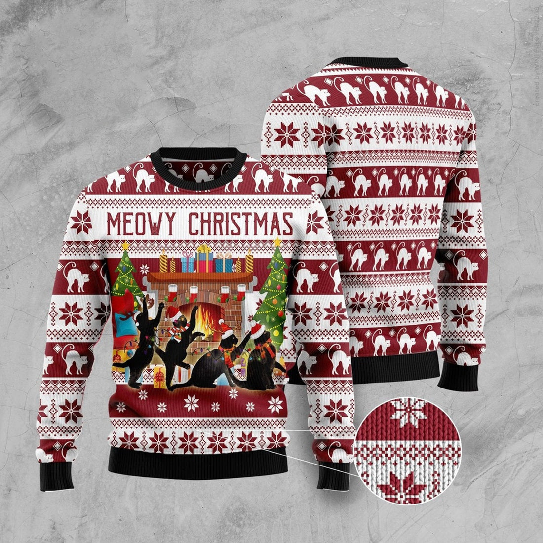 FUNSTUFFPRINT Black Cat Christmas Dancing Ugly Christmas Sweater, Christmas Cat Ugly Sweater, Ugly Cat Xmas Sweater Ugly Sweater