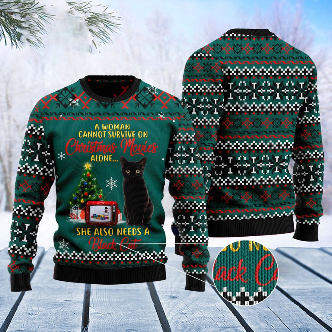 FUNSTUFFPRINT Black Cat Christmas Movie Ugly Christmas Sweater, Christmas Cat Ugly Sweater, Ugly Cat Xmas Sweater Ugly Sweater