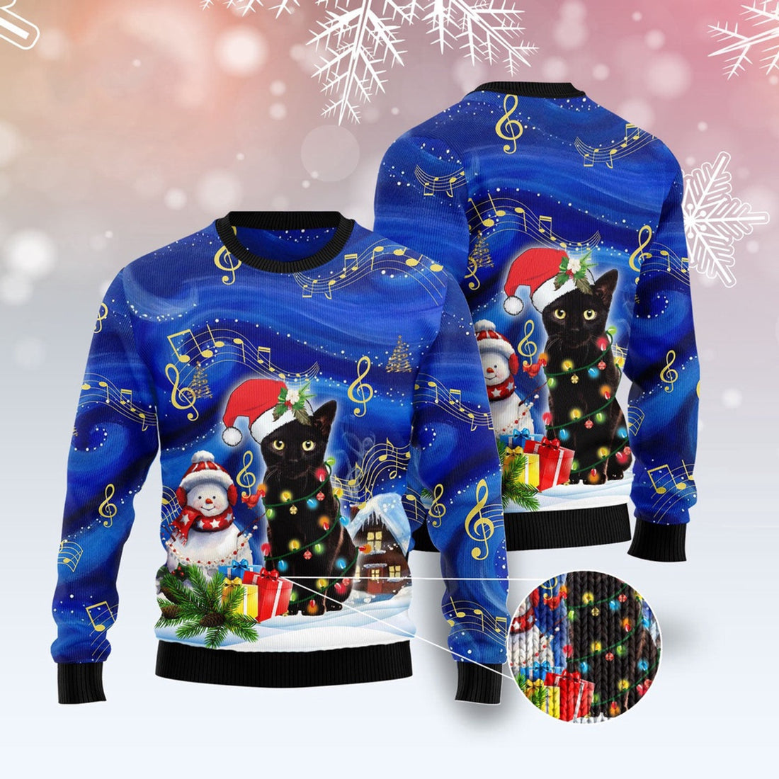 FUNSTUFFPRINT Black Cat Christmas Night Ugly Christmas Sweater, Christmas Cat Ugly Sweater, Ugly Cat Xmas Sweater Ugly Sweater