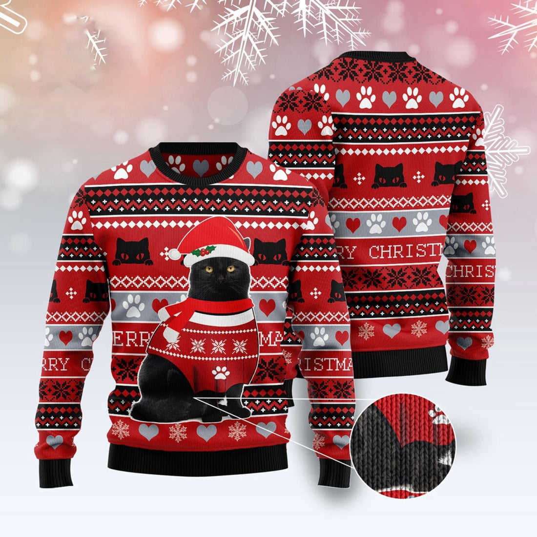 FUNSTUFFPRINT Black Cat Christmas Pattern Ugly Christmas Sweater, Christmas Cat Ugly Sweater, Ugly Cat Xmas Sweater Ugly Sweater