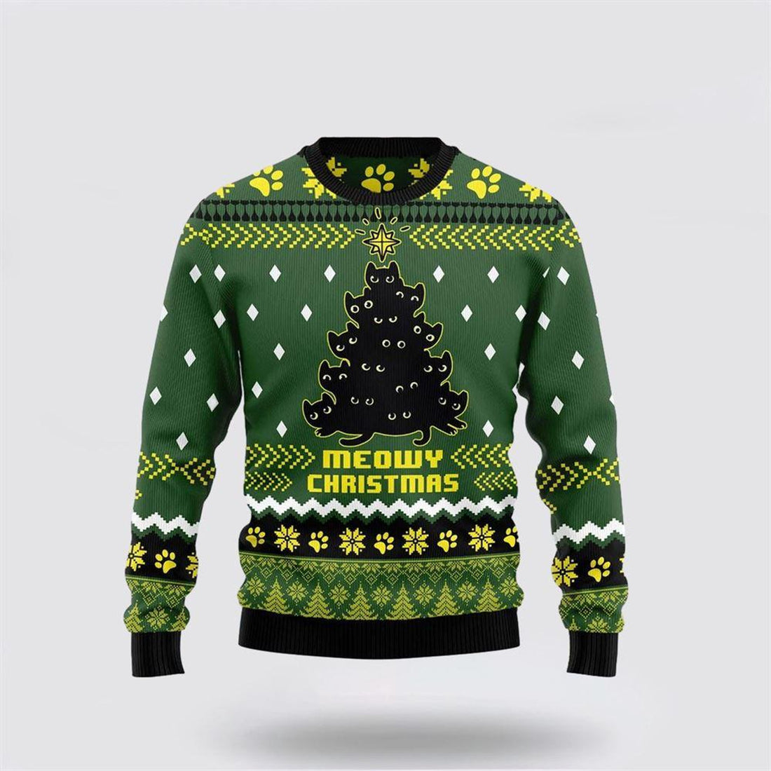 FUNSTUFFPRINT Black Cat Christmas Tree Funny Family Ugly Christmas Sweater – Cat Lover Christmas Sweater Ugly Sweater