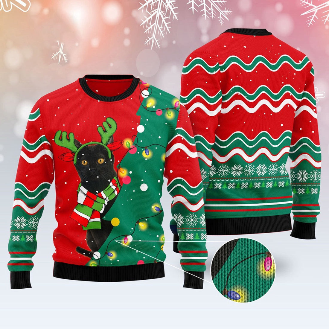 FUNSTUFFPRINT Black Cat Christmas Tree Led Light Ugly Christmas Sweater, Christmas Cat Ugly Sweater, Ugly Cat Xmas Sweater Ugly Sweater