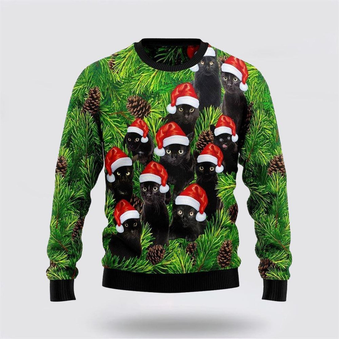 FUNSTUFFPRINT Black Cat Christmas Tree Ugly Christmas Sweater – Cat Lover Christmas Sweater Ugly Sweater