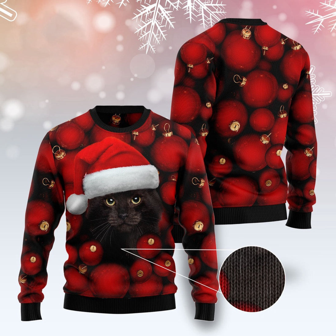 FUNSTUFFPRINT Black Cat Christmas Ugly Christmas Sweater, Christmas Cat Ugly Sweater, Ugly Cat Xmas Sweater Ugly Sweater