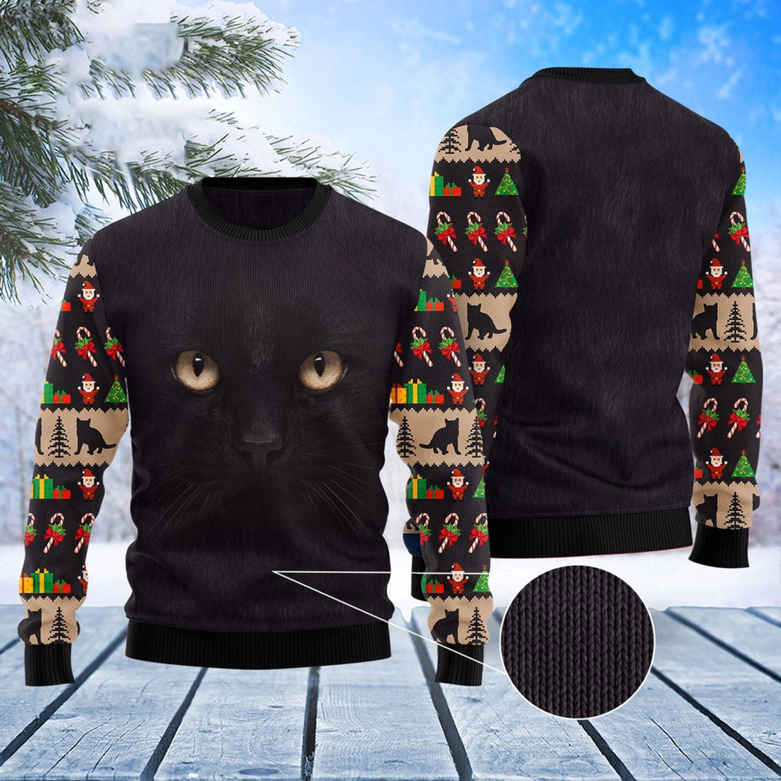 FUNSTUFFPRINT Black Cat Cute Face Ugly Christmas Sweater, Christmas Cat Ugly Sweater, Ugly Cat Xmas Sweater Ugly Sweater
