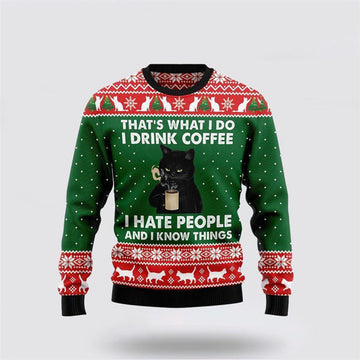 FUNSTUFFPRINT Black Cat Drink Coffee I Hate People Ugly Christmas Sweater For Men And Women, Best Gift For Christmas, Christmas Fashion Winter Ugly  Sweater