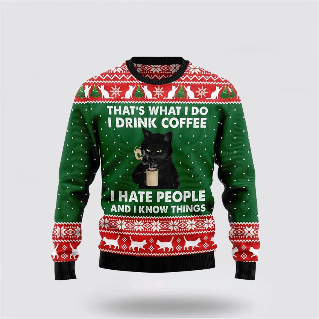 FUNSTUFFPRINT Black Cat Drink Coffee I Hate People Ugly Sweater - Cat Lover Christmas Sweater Ugly Sweater