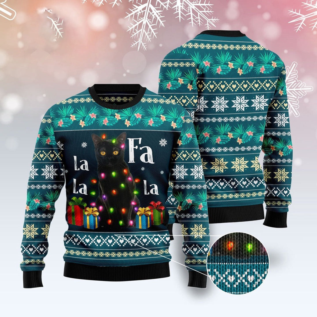 FUNSTUFFPRINT Black Cat Falalala Ugly Christmas Sweater, Christmas Cat Ugly Sweater, Ugly Cat Xmas Sweater Ugly Sweater