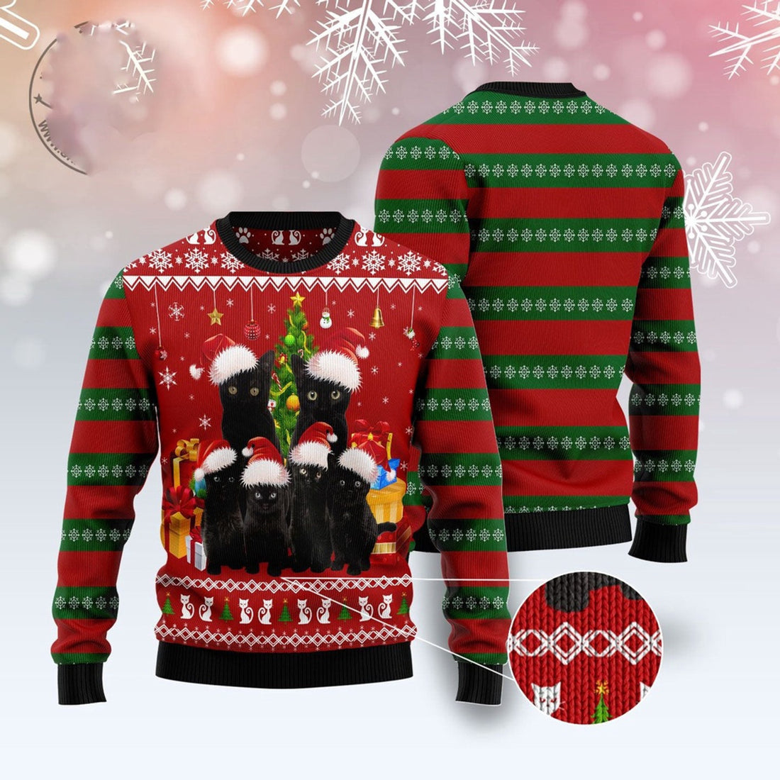 FUNSTUFFPRINT Black Cat Family Christmas Ugly Christmas Sweater, Christmas Cat Ugly Sweater, Ugly Cat Xmas Sweater Ugly Sweater