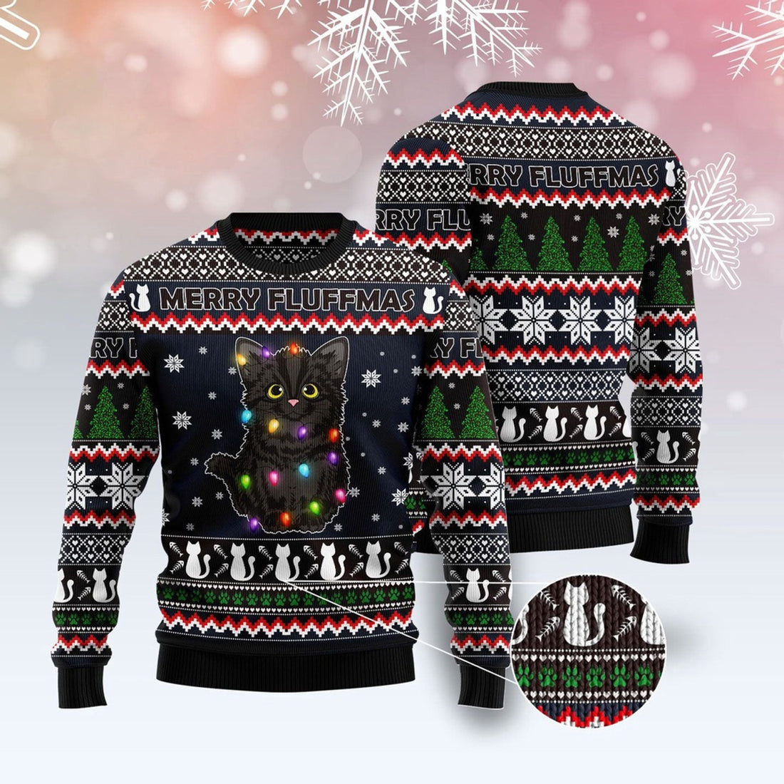 FUNSTUFFPRINT Black Cat Fluffmas Ugly Christmas Sweater, Christmas Cat Ugly Sweater, Ugly Cat Xmas Sweater Ugly Sweater