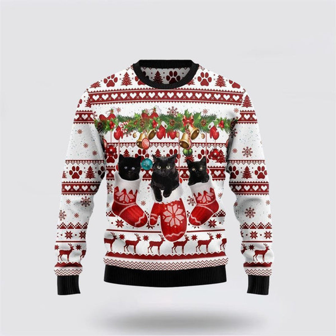 FUNSTUFFPRINT Black Cat Gloves Merry Christmas Funny Family Ugly Christmas Sweater For Men And Women, Best Gift For Christmas, Christmas Fashion Winter Ugly  Sweater