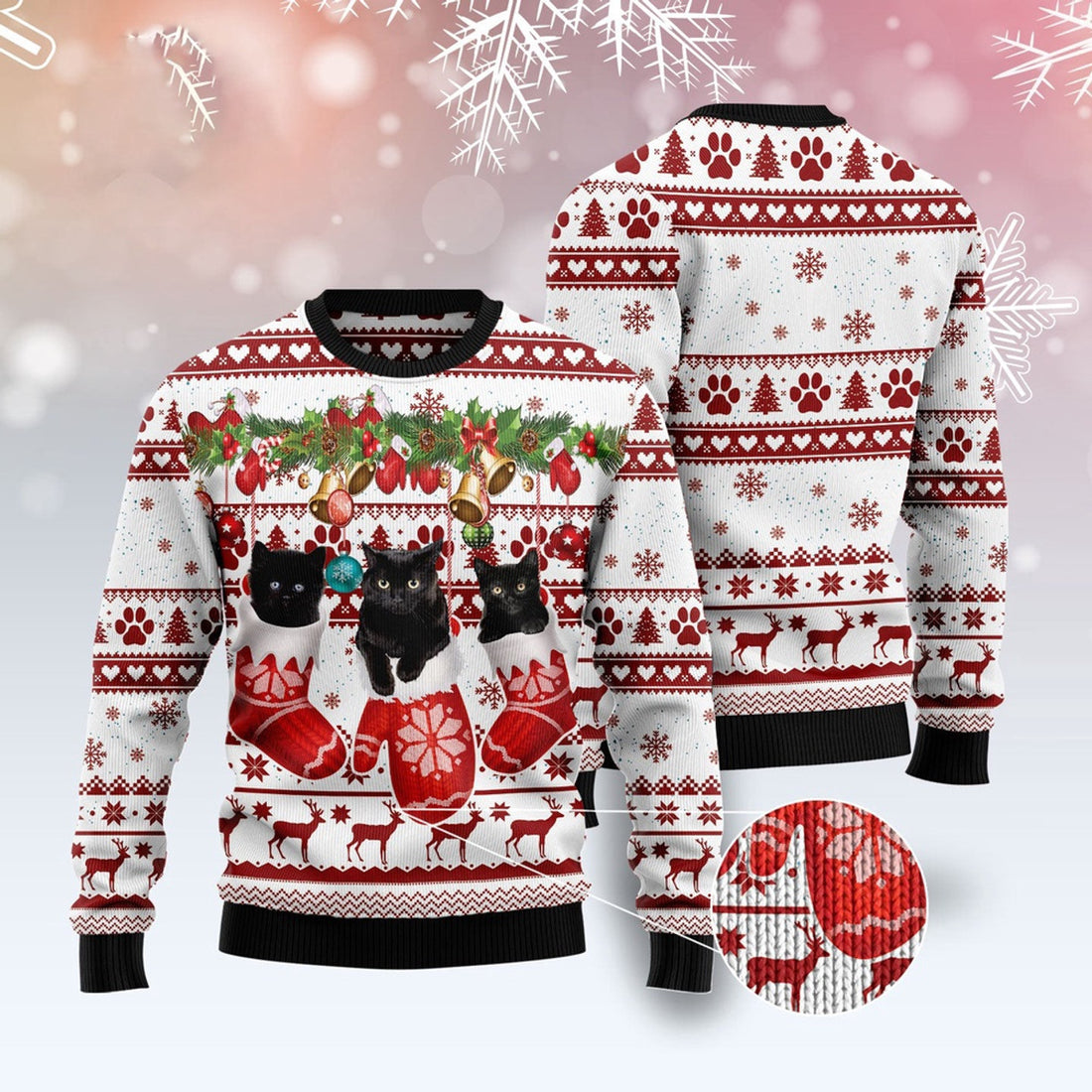 FUNSTUFFPRINT Black Cat Gloves Merry Christmas Ugly Christmas Sweater, Christmas Cat Ugly Sweater, Ugly Cat Xmas Sweater Ugly Sweater