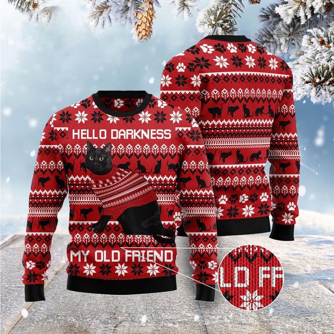 FUNSTUFFPRINT Black Cat Hello Darkness My Old Friend Ugly Christmas Sweater, Christmas Cat Ugly Sweater, Ugly Cat Xmas Sweater Ugly Sweater