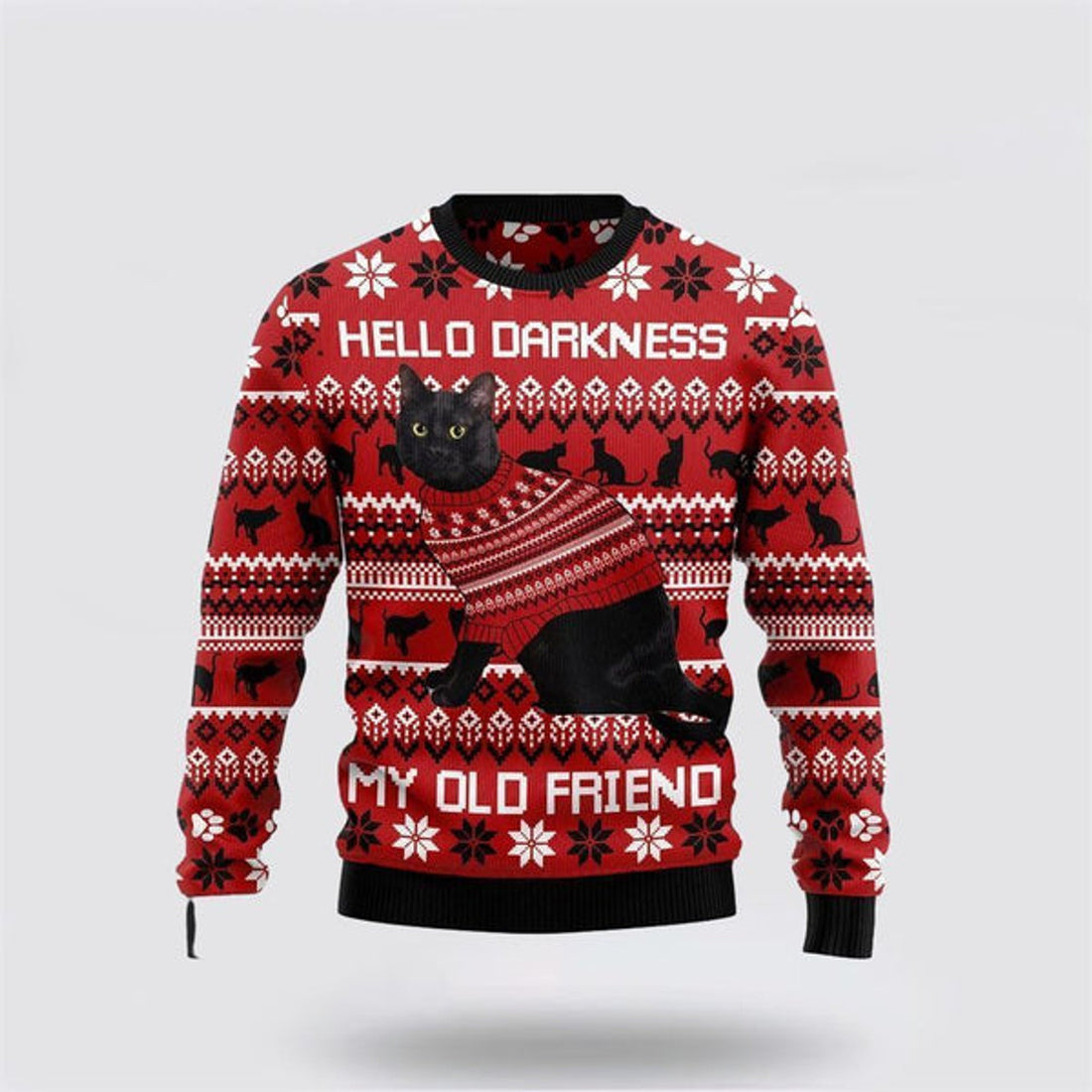 FUNSTUFFPRINT Black Cat Hello Darkness My Old Friend Ugly Christmas Sweater For Men And Women, Best Gift For Christmas, Christmas Fashion Winter Ugly  Sweater