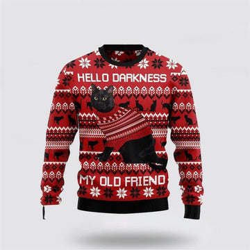FUNSTUFFPRINT Black Cat Hello Darkness My Old Friend Ugly Christmas Sweater For Men And Women, Best Gift For Christmas, Christmas Fashion Winter Ugly  Sweater