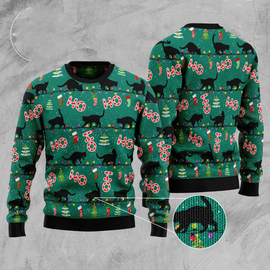 FUNSTUFFPRINT Black Cat Ho Ho Ho Ugly Christmas Sweater, Christmas Cat Ugly Sweater, Ugly Cat Xmas Sweater Ugly Sweater