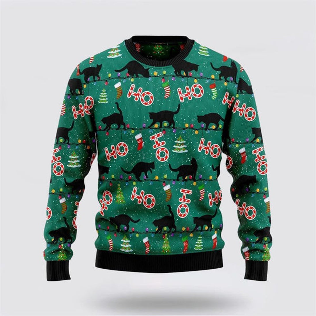 FUNSTUFFPRINT Black Cat Ho Ho Ho Ugly Christmas Sweater For Men And Women, Best Gift For Christmas, Christmas Fashion Winter Ugly  Sweater