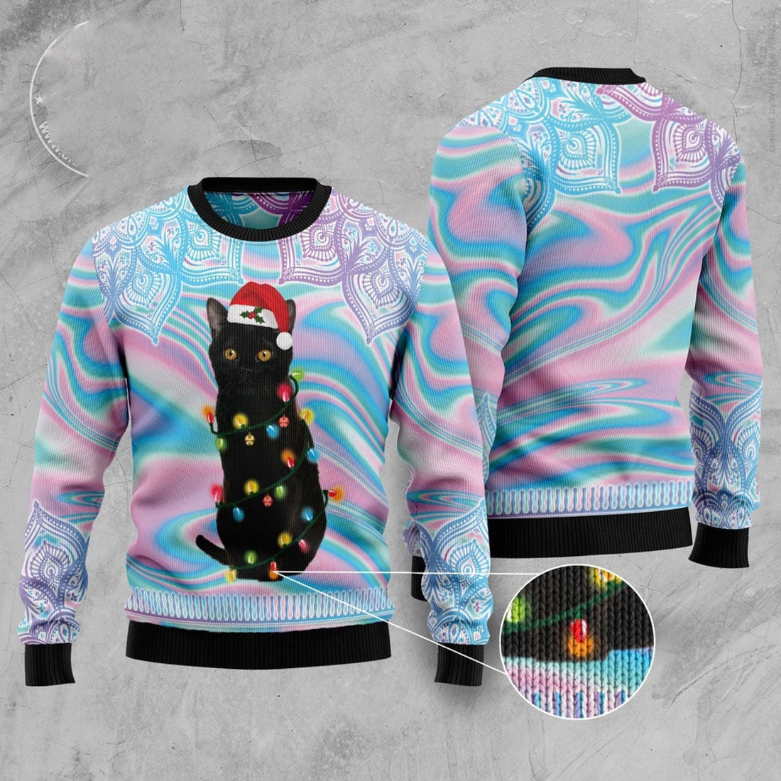 FUNSTUFFPRINT Black Cat Hologram Pattern Ugly Christmas Sweater, Christmas Cat Ugly Sweater, Ugly Cat Xmas Sweater Ugly Sweater