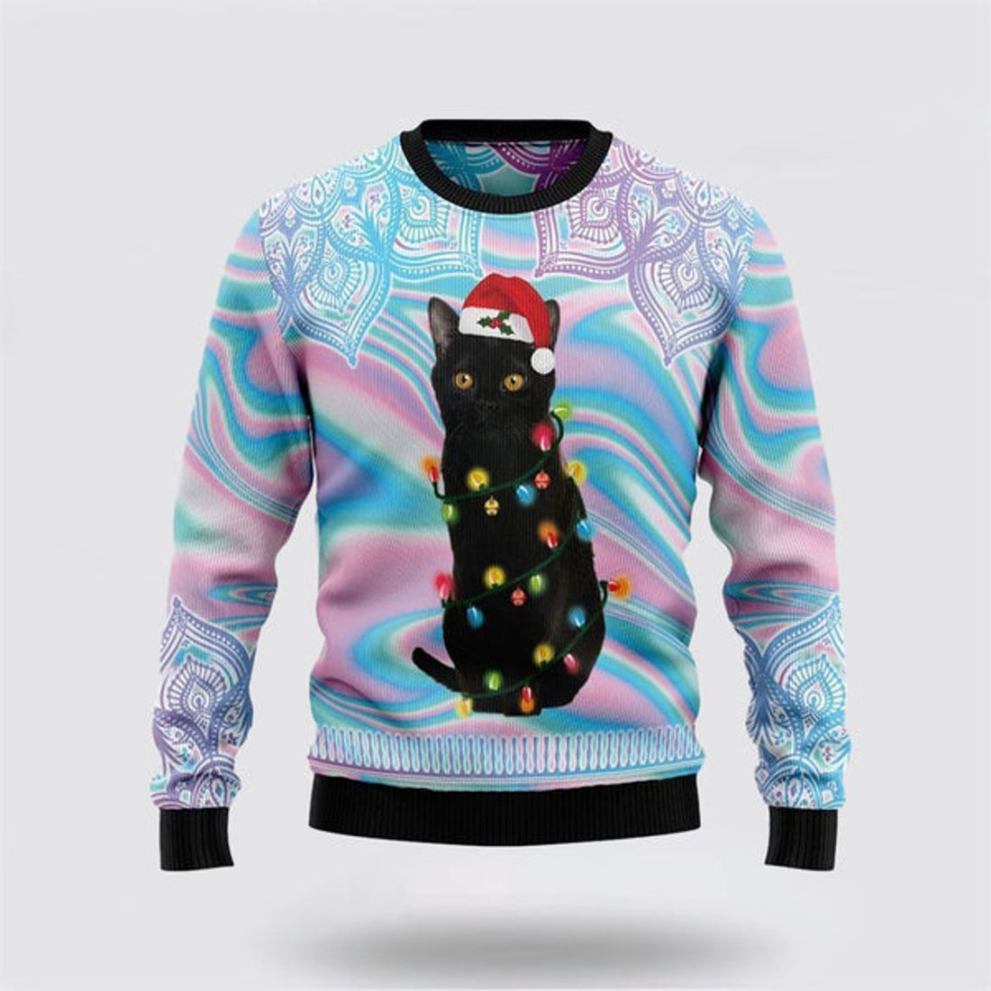 FUNSTUFFPRINT Black Cat Hologram Pattern Ugly Christmas Sweater For Men And Women, Best Gift For Christmas, Christmas Fashion Winter Ugly  Sweater