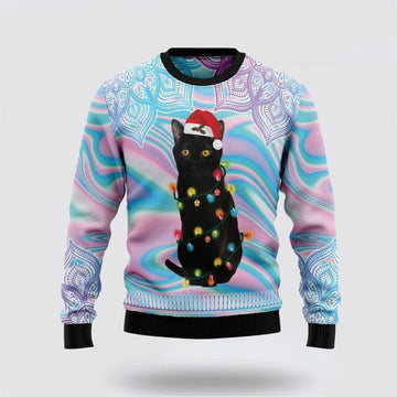 FUNSTUFFPRINT Black Cat Hologram Pattern Ugly Christmas Sweater For Men And Women, Best Gift For Christmas, Christmas Fashion Winter Ugly  Sweater