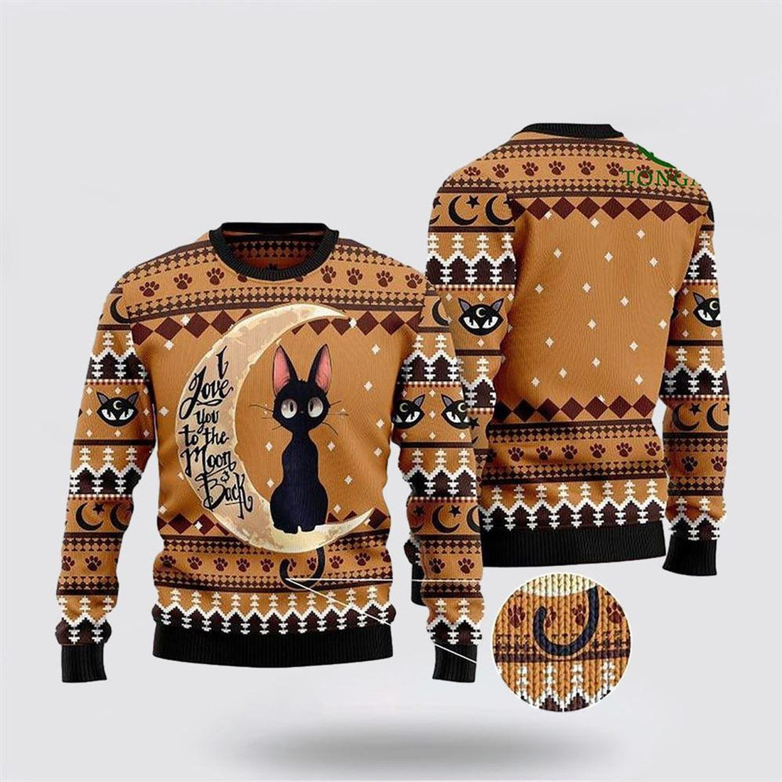 FUNSTUFFPRINT Black Cat I Love You To The Moon And Back Ugly Christmas Sweater – Cat Lover Christmas Sweater Ugly Sweater