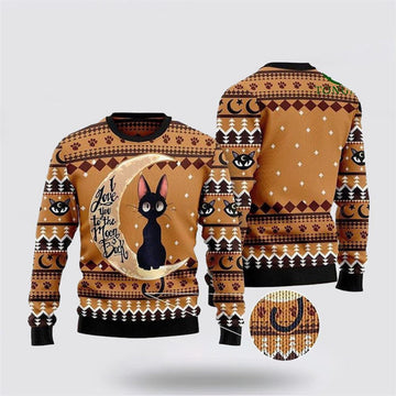 FUNSTUFFPRINT Black Cat I Love You To The Moon And Back Ugly Christmas Sweater For Men And Women, Best Gift For Christmas, Christmas Fashion Winter Ugly  Sweater