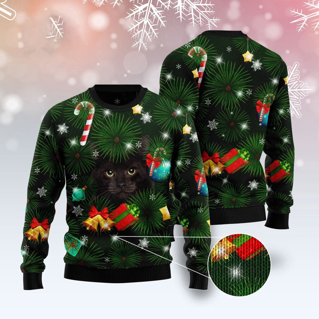 FUNSTUFFPRINT Black Cat Inside Tree Ugly Christmas Sweater, Christmas Cat Ugly Sweater, Ugly Cat Xmas Sweater Ugly Sweater