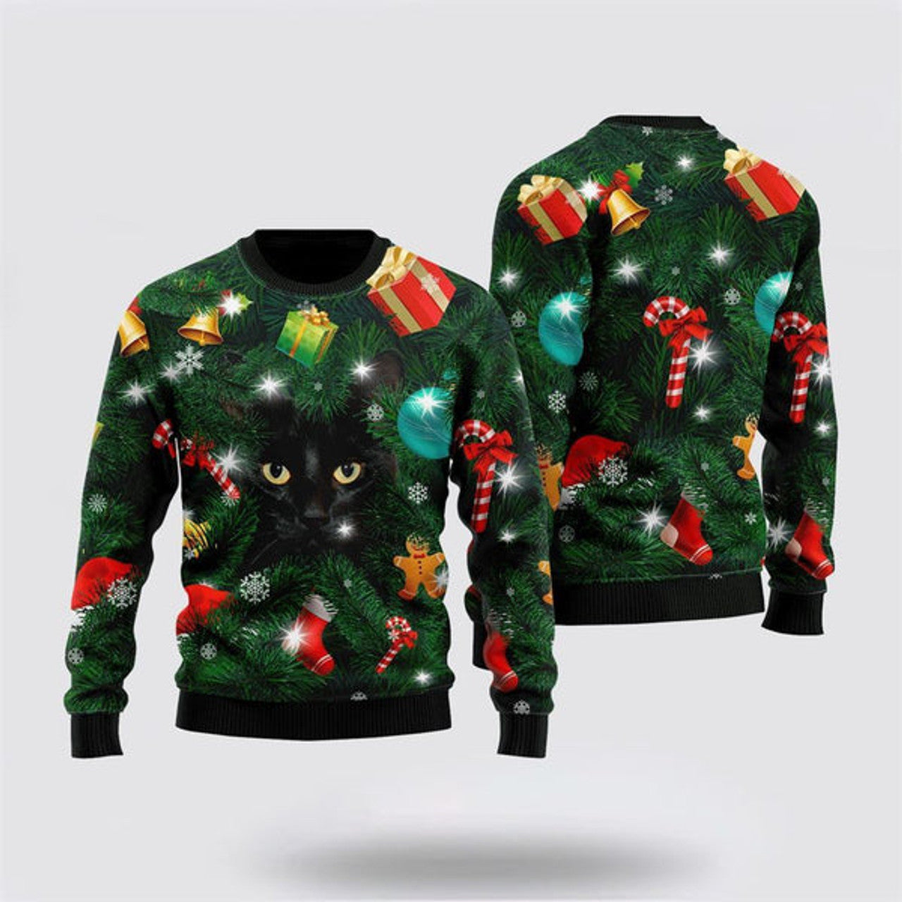 FUNSTUFFPRINT Black Cat Inside Tree Ugly Christmas Sweater For Men And Women, Best Gift For Christmas, Christmas Fashion Winter Ugly  Sweater
