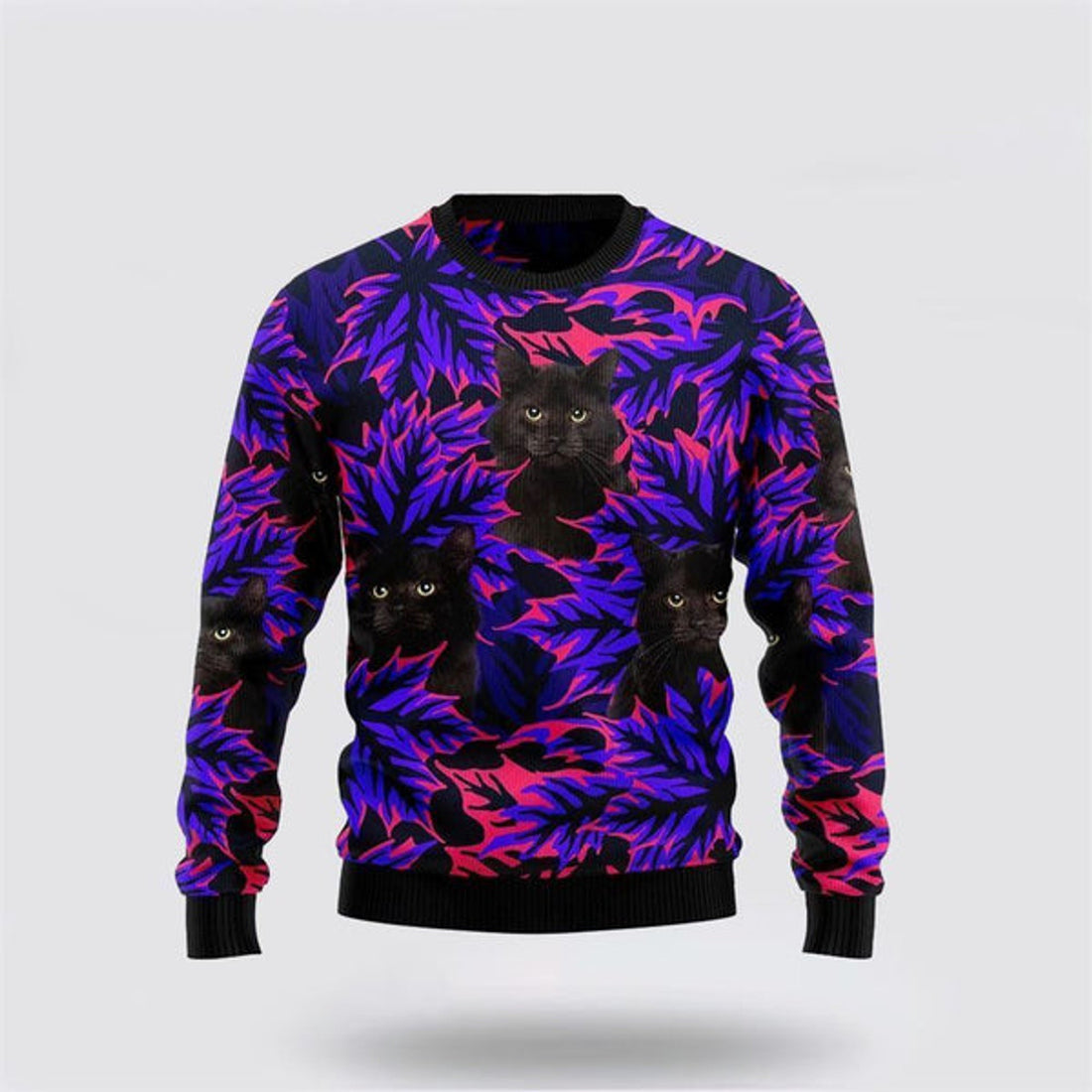 FUNSTUFFPRINT Black Cat Leaves Funny Family Ugly Christmas Sweater For Men And Women, Best Gift For Christmas, Christmas Fashion Winter Ugly  Sweater