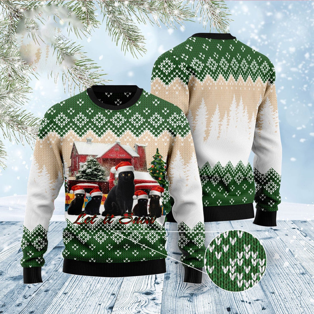 FUNSTUFFPRINT Black Cat Let It Snow Ugly Christmas Sweater, Christmas Cat Ugly Sweater, Ugly Cat Xmas Sweater Ugly Sweater