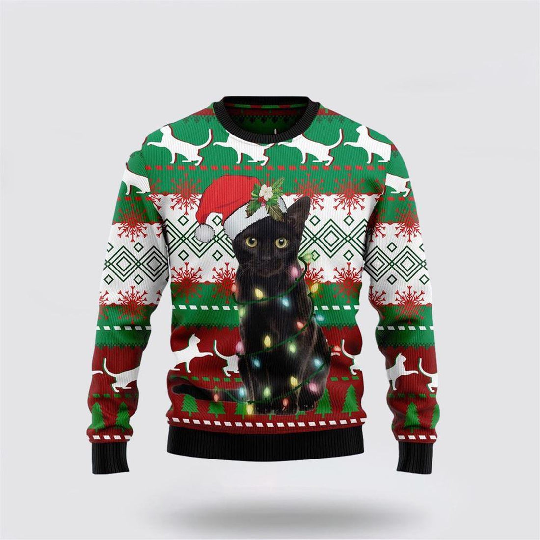 FUNSTUFFPRINT Black Cat Light Christmas Ugly Christmas Sweater – Cat Lover Christmas Sweater Ugly Sweater