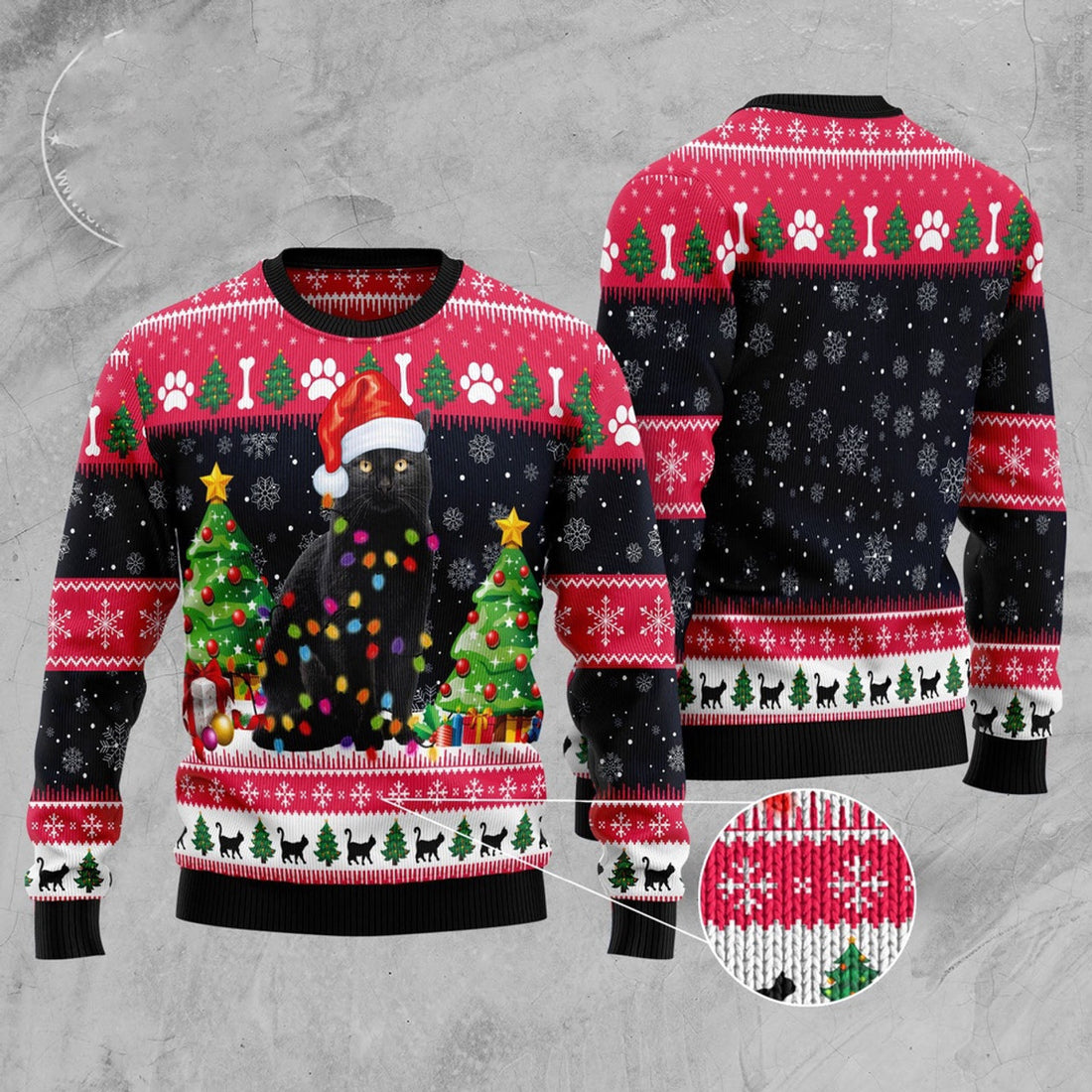 FUNSTUFFPRINT Black Cat Light Ugly Christmas Sweater, Christmas Cat Ugly Sweater, Ugly Cat Xmas Sweater Ugly Sweater