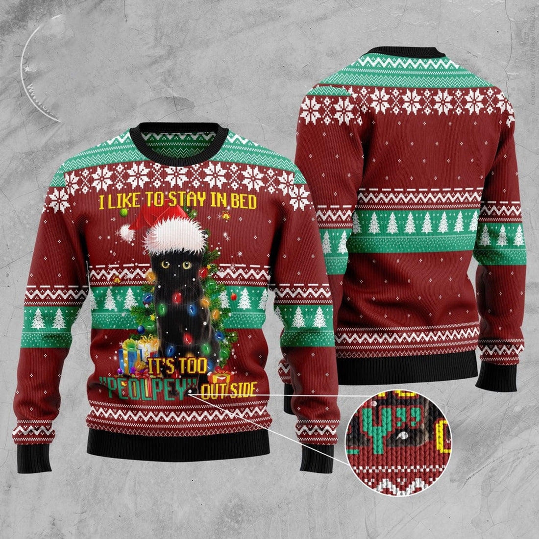 FUNSTUFFPRINT Black Cat Like Stay To In Bed Xmas Ugly Christmas Sweater, Christmas Cat Ugly Sweater, Ugly Cat Xmas Sweater Ugly Sweater