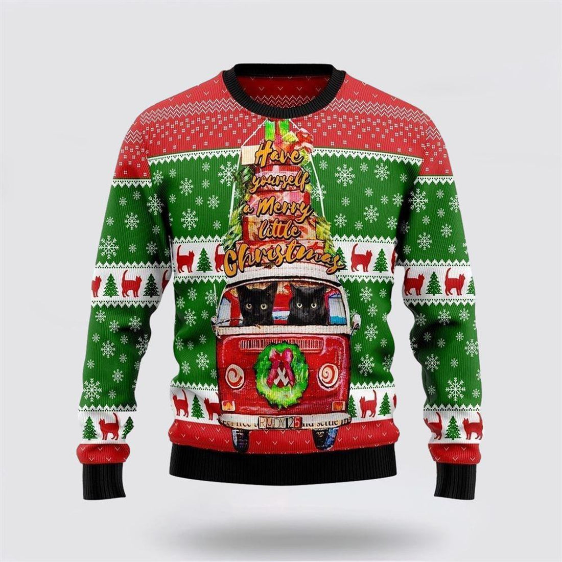 FUNSTUFFPRINT Black Cat Little Christmas Ugly Christmas Sweater – Cat Lover Christmas Sweater Ugly Sweater