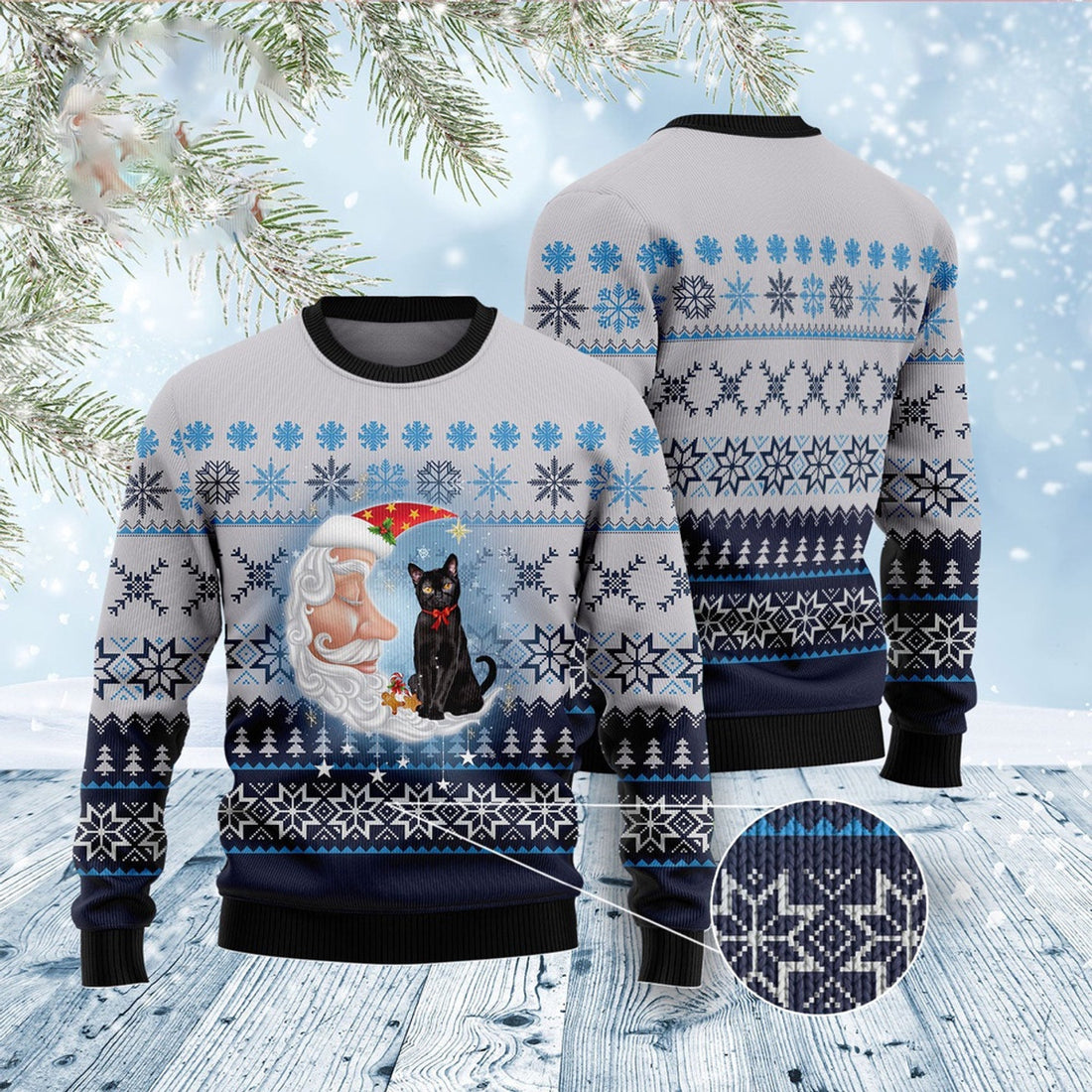 FUNSTUFFPRINT Black Cat Love Santa Moon Ugly Christmas Sweater, Christmas Cat Ugly Sweater, Ugly Cat Xmas Sweater Ugly Sweater