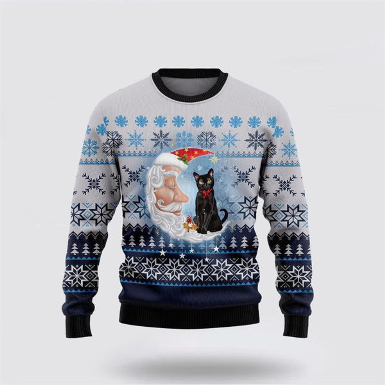 FUNSTUFFPRINT Black Cat Love Santa Moon Ugly Christmas Sweater For Men And Women, Best Gift For Christmas, Christmas Fashion Winter Ugly  Sweater
