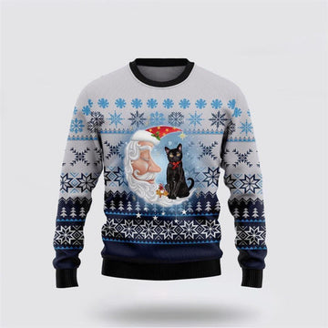 FUNSTUFFPRINT Black Cat Love Santa Moon Ugly Christmas Sweater For Men And Women, Best Gift For Christmas, Christmas Fashion Winter Ugly  Sweater