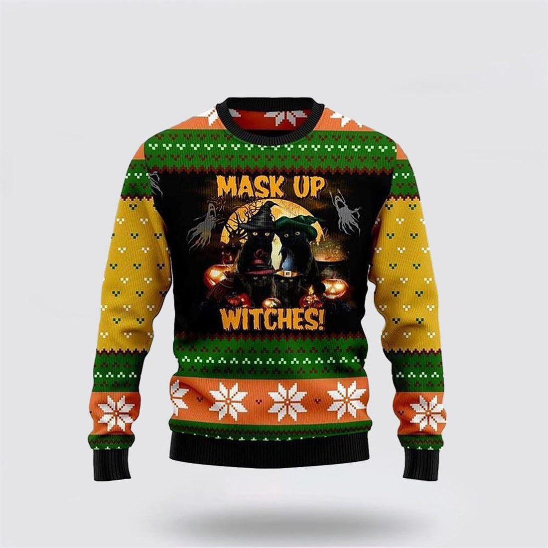 FUNSTUFFPRINT Black Cat Mask Up Witches Ugly Christmas Sweater – Cat Lover Christmas Sweater Ugly Sweater