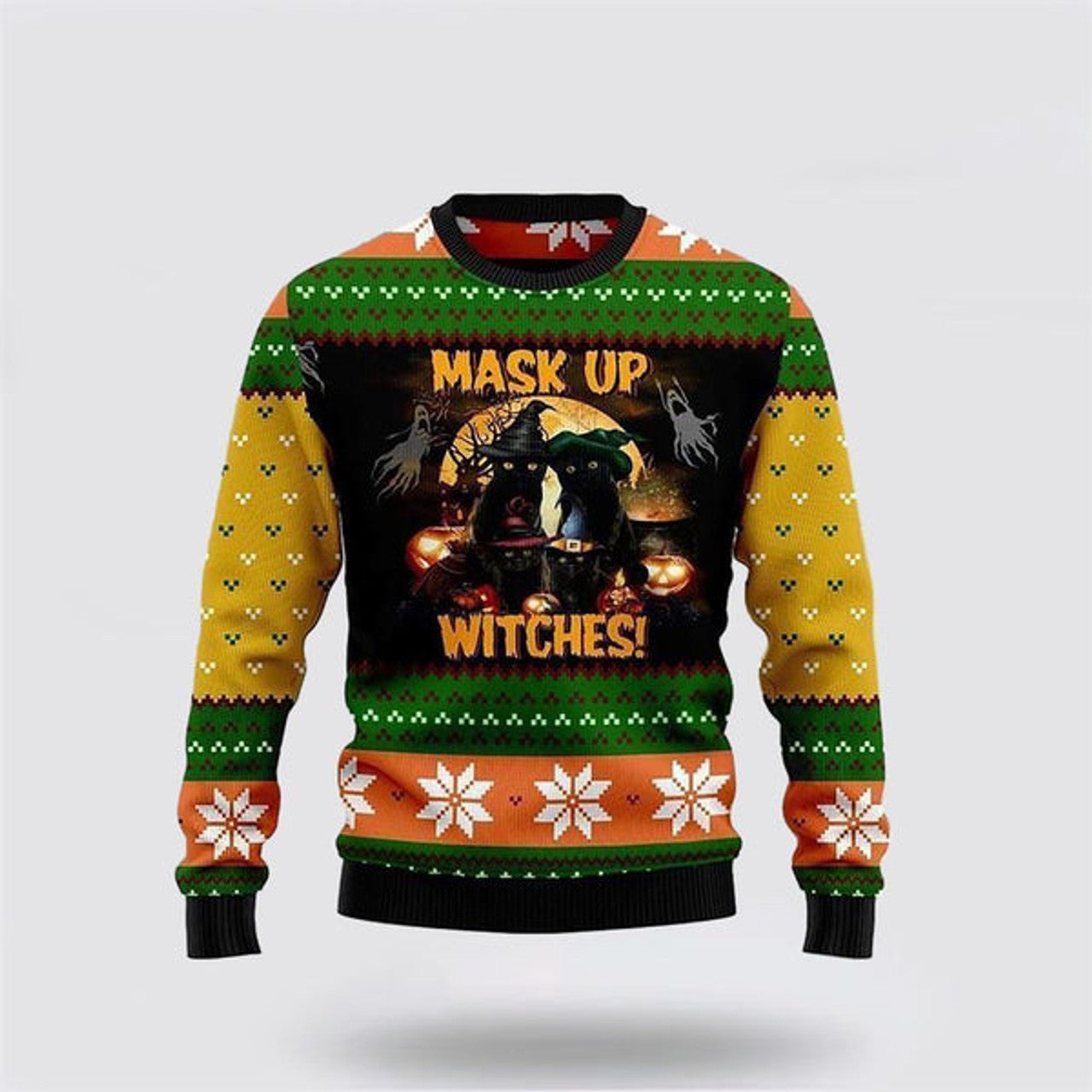 FUNSTUFFPRINT Black Cat Mask Up Witches Ugly Christmas Sweater For Men And Women, Best Gift For Christmas, Christmas Fashion Winter Ugly  Sweater