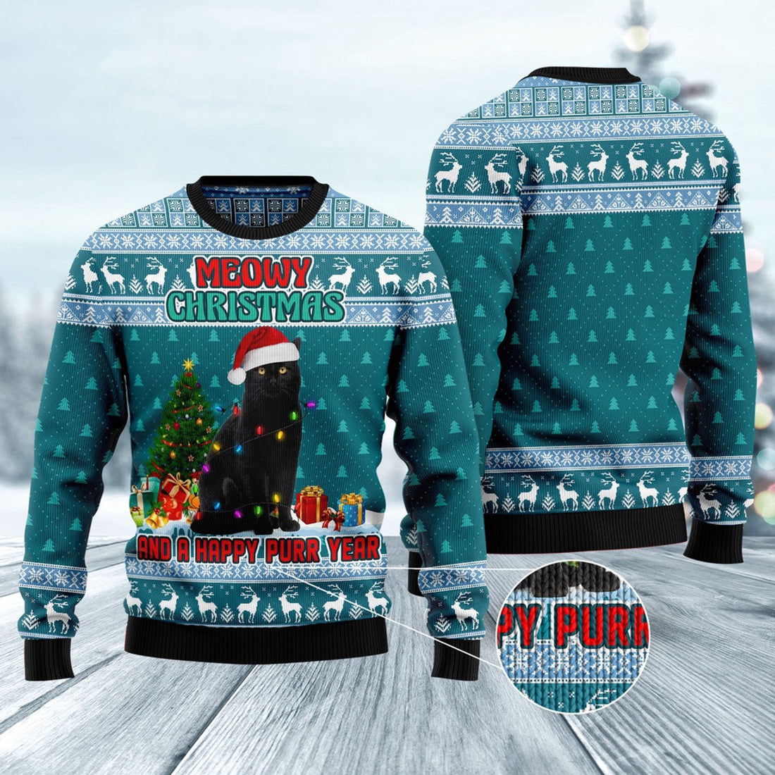 FUNSTUFFPRINT Black Cat Meomy Christmas And A Happy Purr Year Ugly Christmas Sweater, Christmas Cat Ugly Sweater, Ugly Cat Xmas Sweater Ugly Sweater