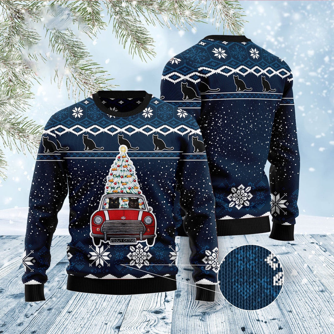 FUNSTUFFPRINT Black Cat Meowy Catmas Ugly Christmas Sweater, Christmas Cat Ugly Sweater, Ugly Cat Xmas Sweater Ugly Sweater