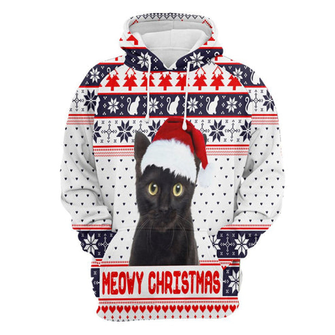 FUNSTUFFPRINT 3D Black Cat Meowy Christmas All Over 3D Hoodie and Zip Hoodie