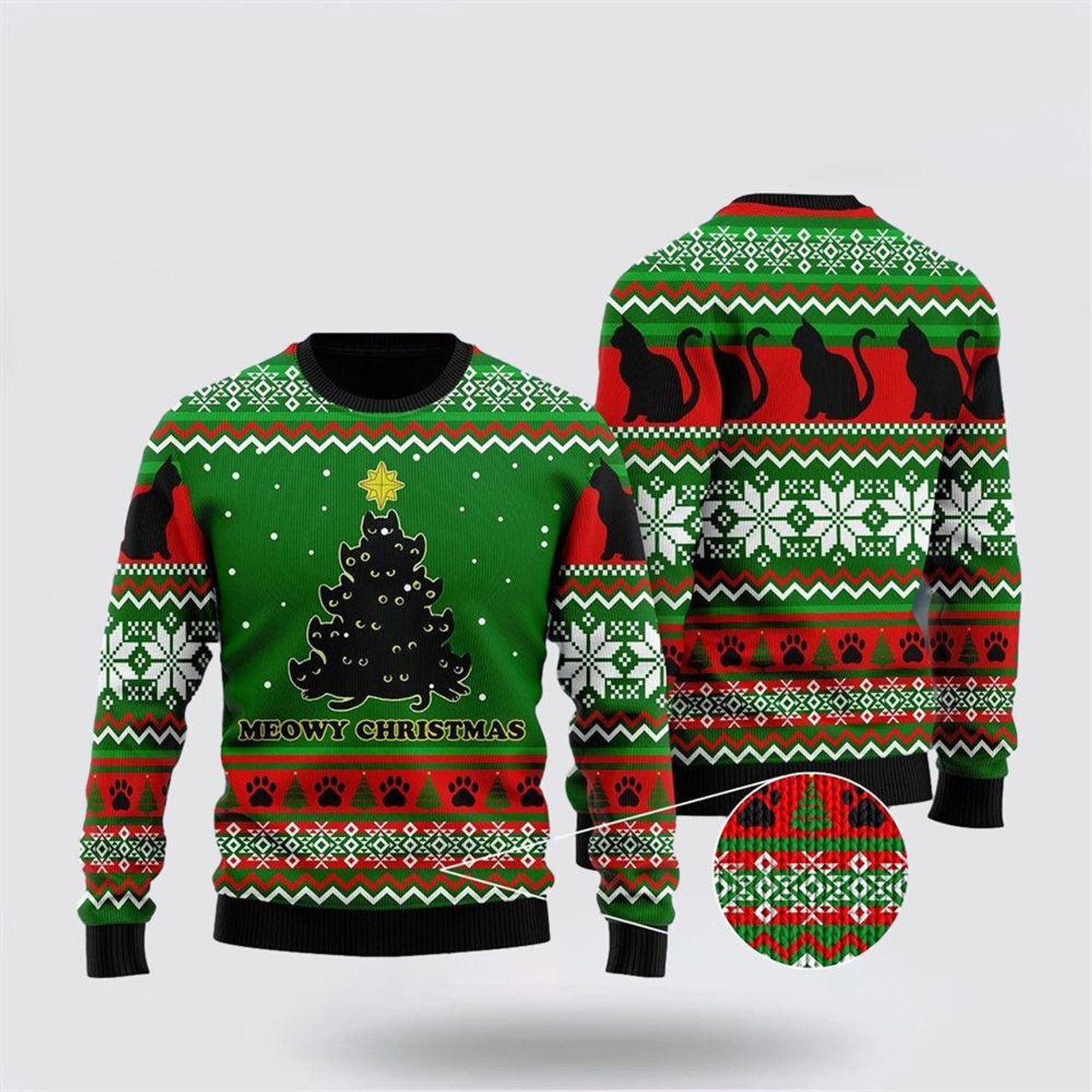 FUNSTUFFPRINT Black Cat Meowy Christmas Tree Ugly Christmas Sweater – Cat Lover Christmas Sweater Ugly Sweater