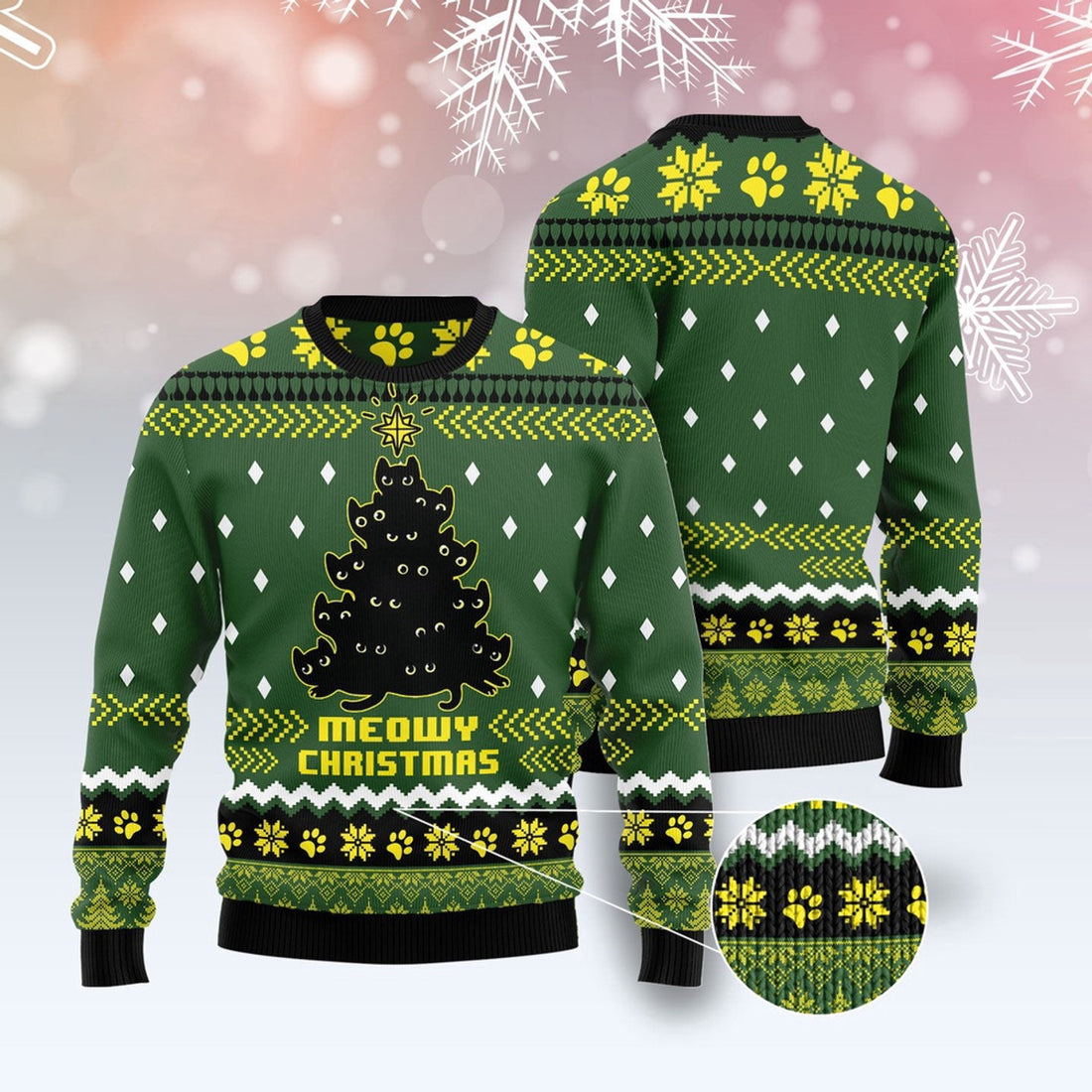 FUNSTUFFPRINT Black Cat Meowy Christmas Tree Ugly Christmas Sweater, Christmas Cat Ugly Sweater, Ugly Cat Xmas Sweater Ugly Sweater